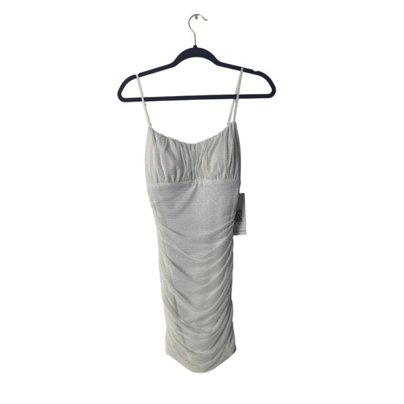 White Ruched Mini Dress With Glitter Accents Adjustable Spaghetti Straps - Picture 1 of 6